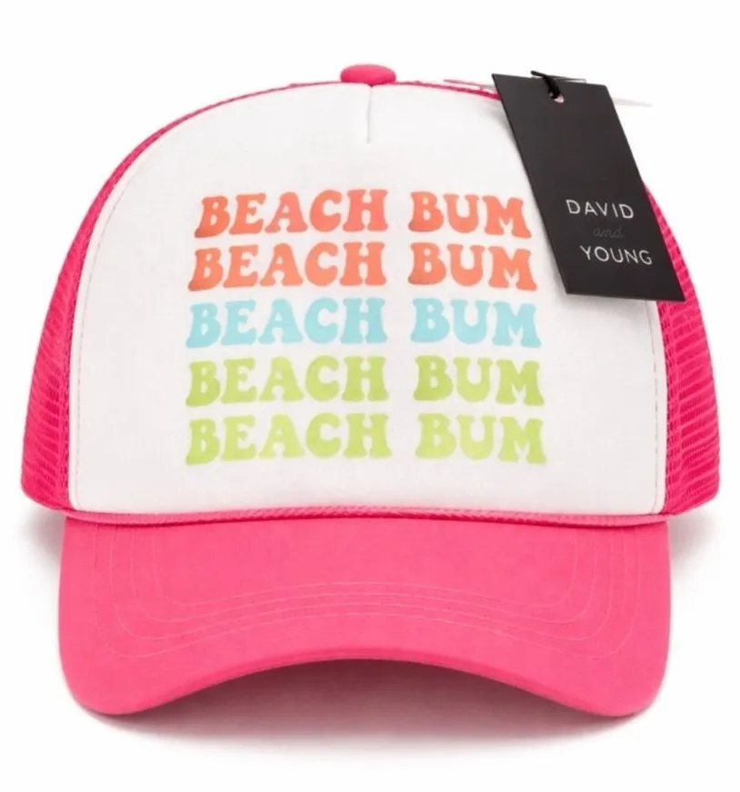 David & Young Beach Bum Trucker Hat Pink Mesh Snapback Summer Graphic NWT