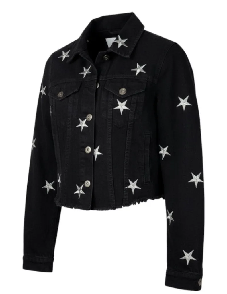 PISTOLA Denim Jacket Black Small Silver Stars Jean Jacket