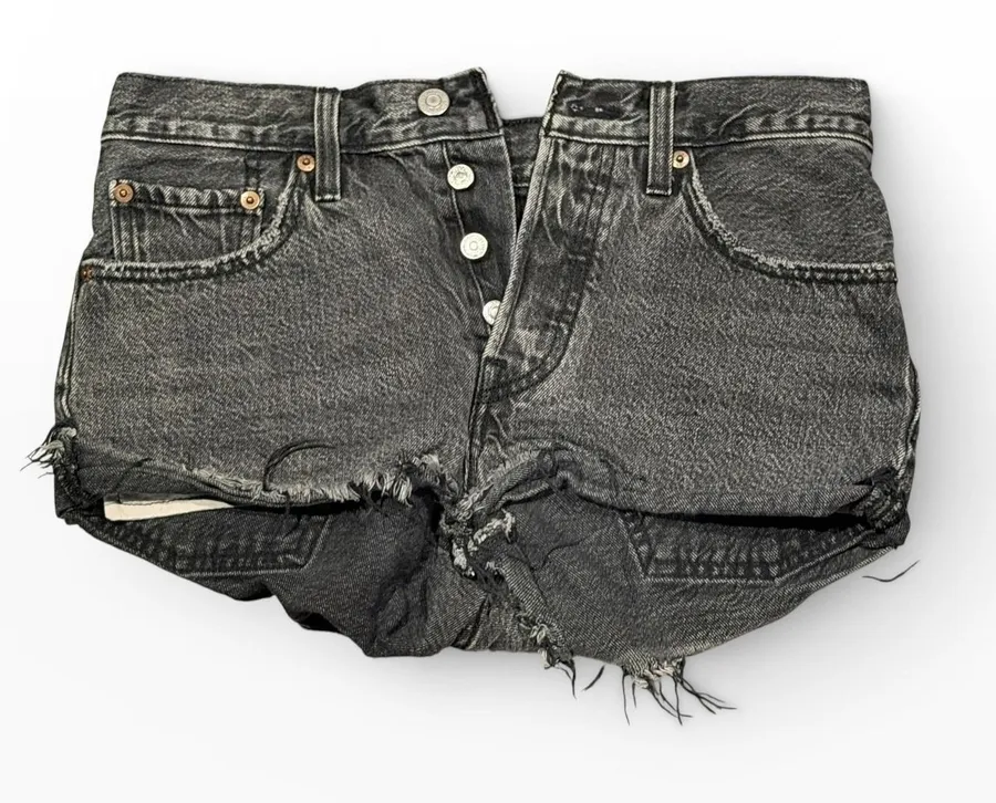 Levis 501 Mid Rise Cutoff Denim Shorts Faded Black Frayed Hem Button Fly SZ 28