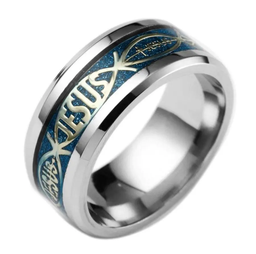 Mens Stainless Steel Blue Christian Jesus Fish Symbol Ring Band Sz 8