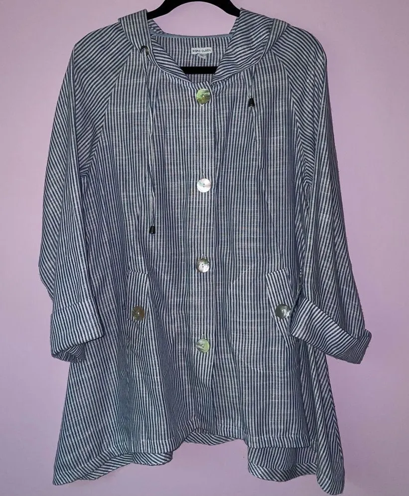 Sigrid Olsen Size L Linen Hooded Jacket Blue White Stripe Coastal Lagenlook