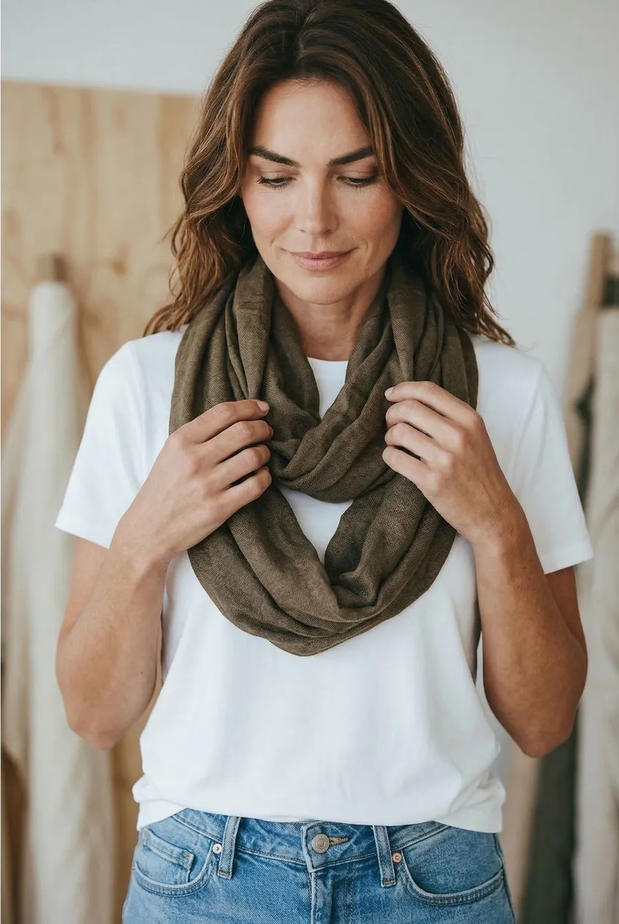 Olive Green Lightweight Gauze Infinity Scarf Women Casual Boho Loop Scarf