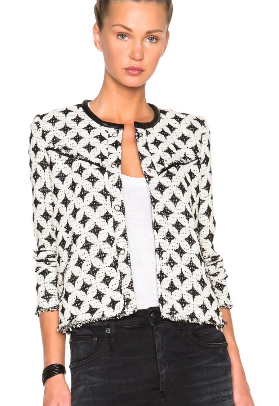 IRO Handi Tweed Jacket Size 36 Black White Leather Trim $470 US 4