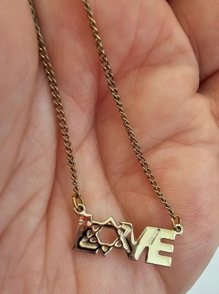 Vintage Gold Tone Star of David LOVE Necklace Jewish Judaica Pendant Chain 16"
