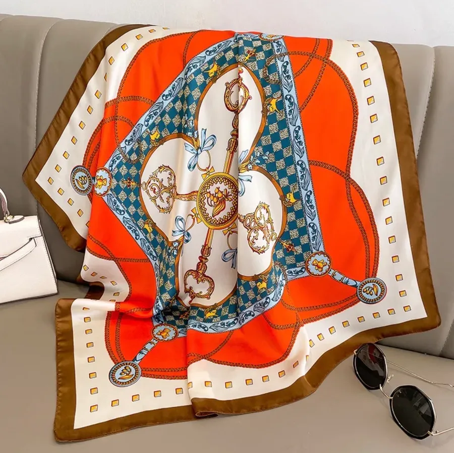 Silk Patterned Headscarf in Orange, Blue & Olive Multiple