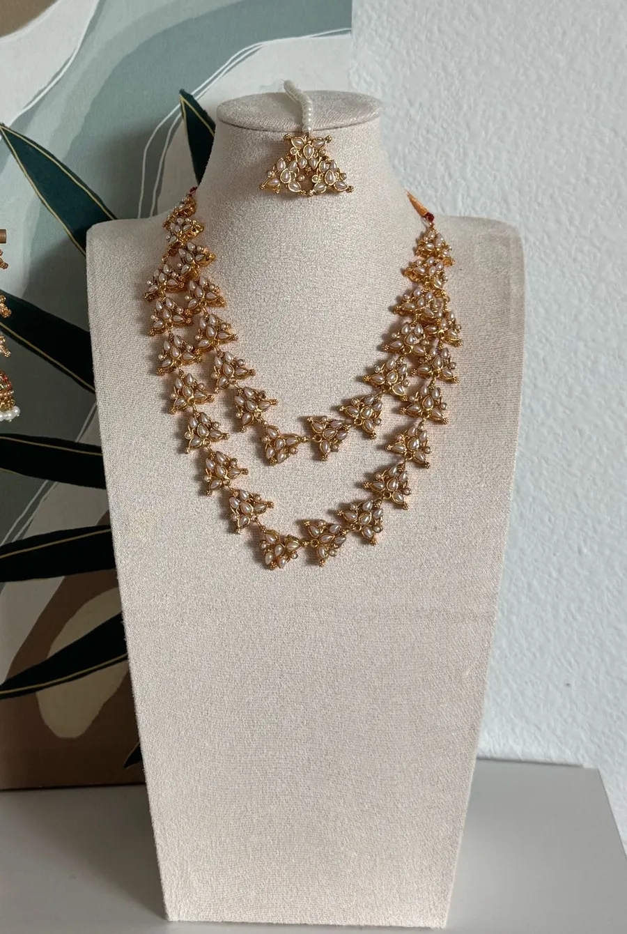 White Necklace with Earrings & Tikka Gold