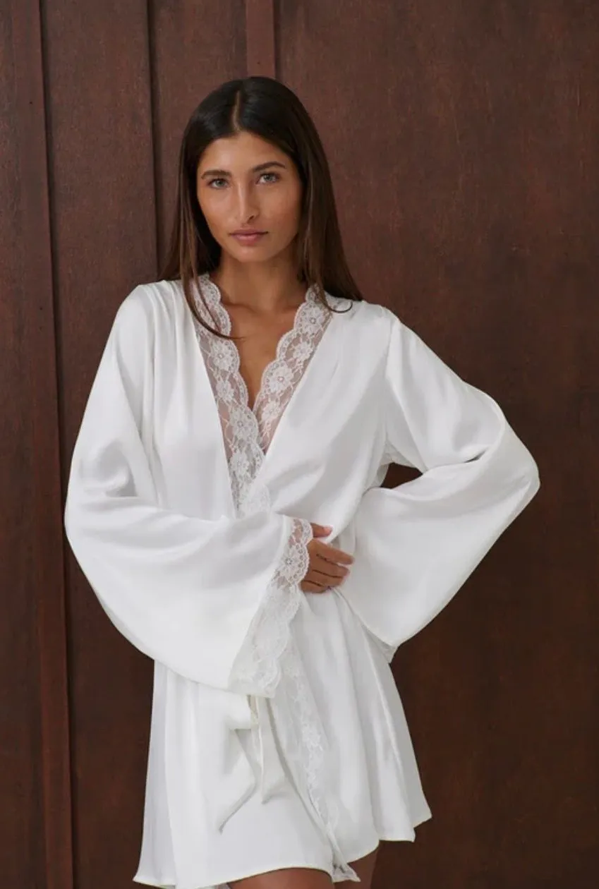 NEVER WORN White Silk Lace Trim Robe