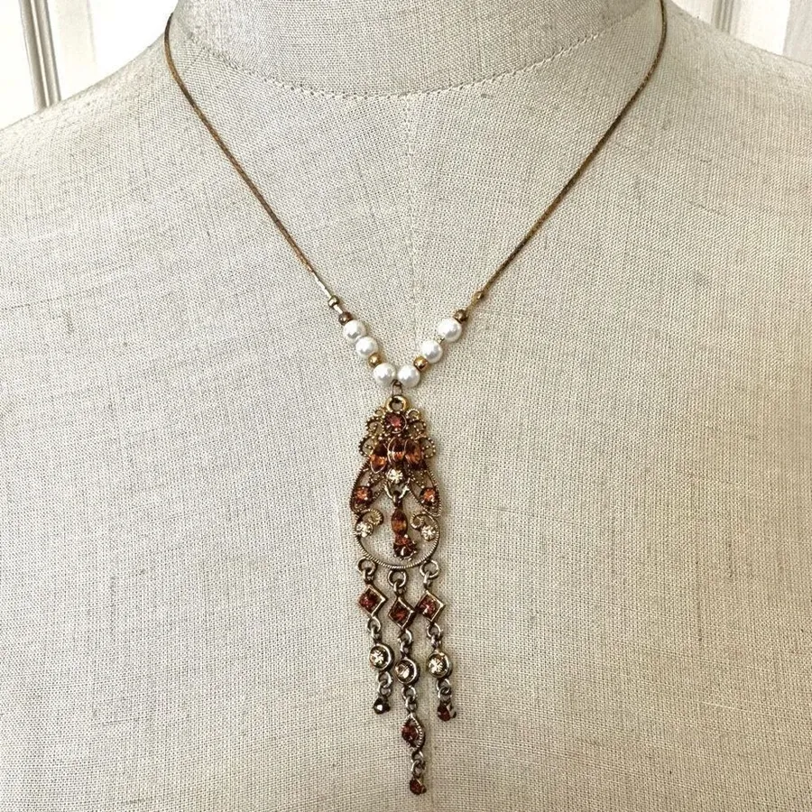 Faux pearl brown rhinestone vintage pendant necklace