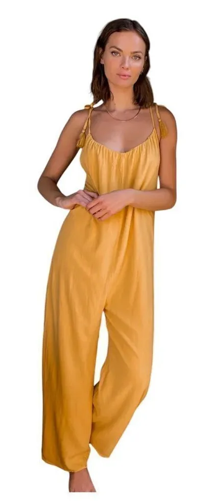 Lulus Knot Since You Mustard Yellow Tie-Strap Wide-Leg Jumpsuit NWT
