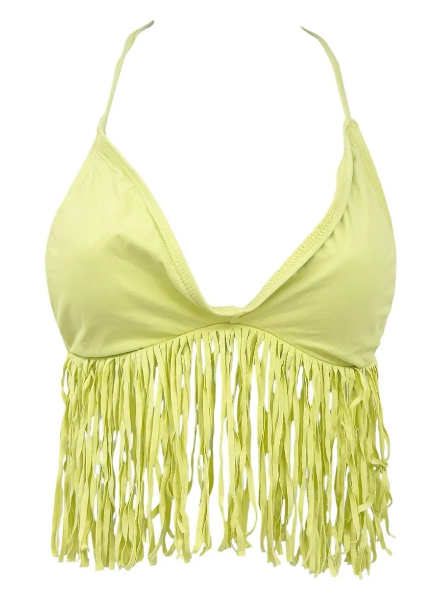L Space Beach Boho Western Fringe Triangle Halter Swim Bikini Top Size XS Green