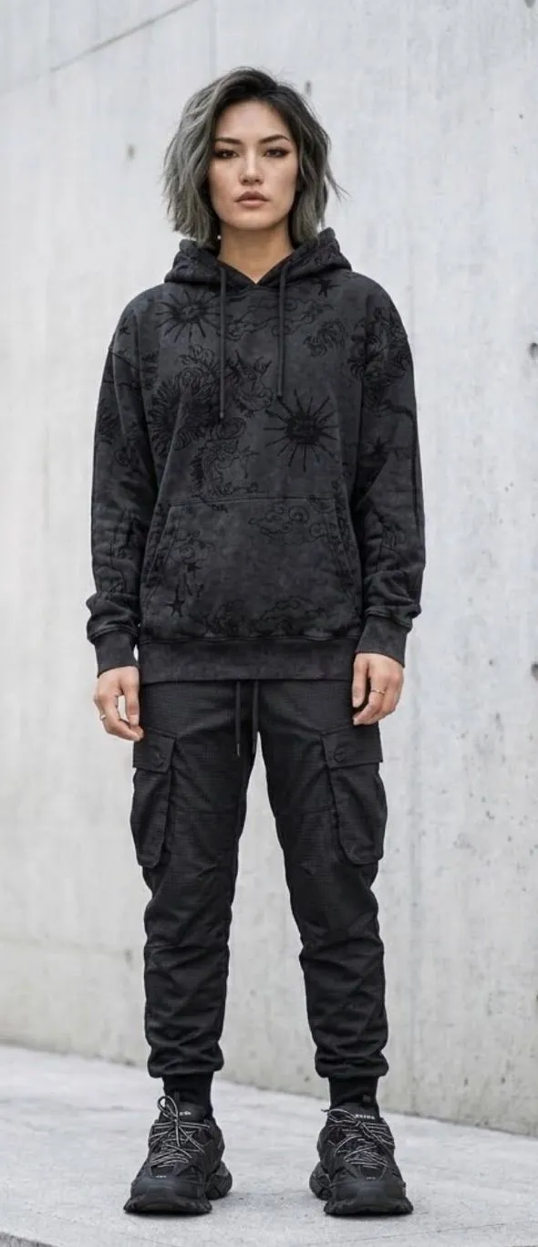 ASSC Tattoo Linework Cyberpunk Washed Black Hoodie Anti Social Social Club S