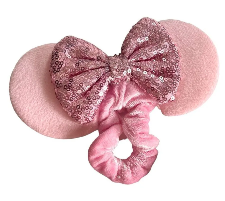Womens Girls Minnie Mouse Pink Crushed Velvet Ear Sequin Hair Scrunchie Tie