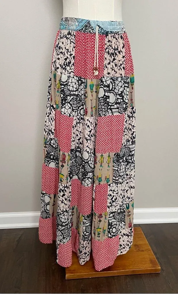 Vintage Maxi Skirt Patchwork People Fashion Abstract Geometric Red Black White Size L