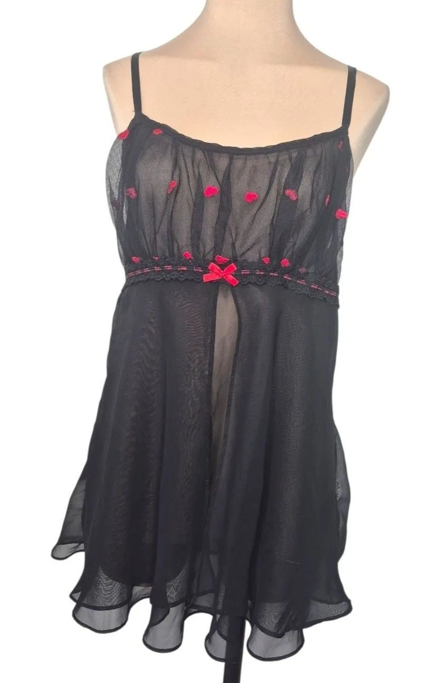 Inner Most Sears Black Sheer Chemise with Red Embroidered Accents Vintage Medium