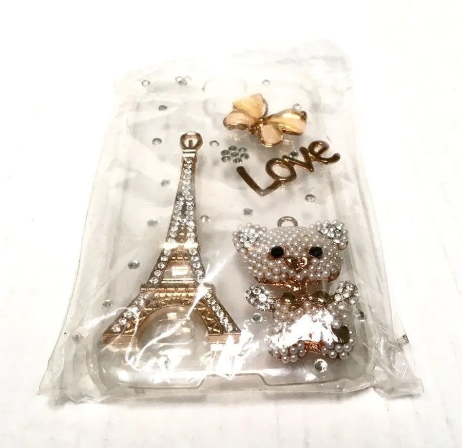 NIP clear Eiffel tower/bear rhinestone phone case Gold