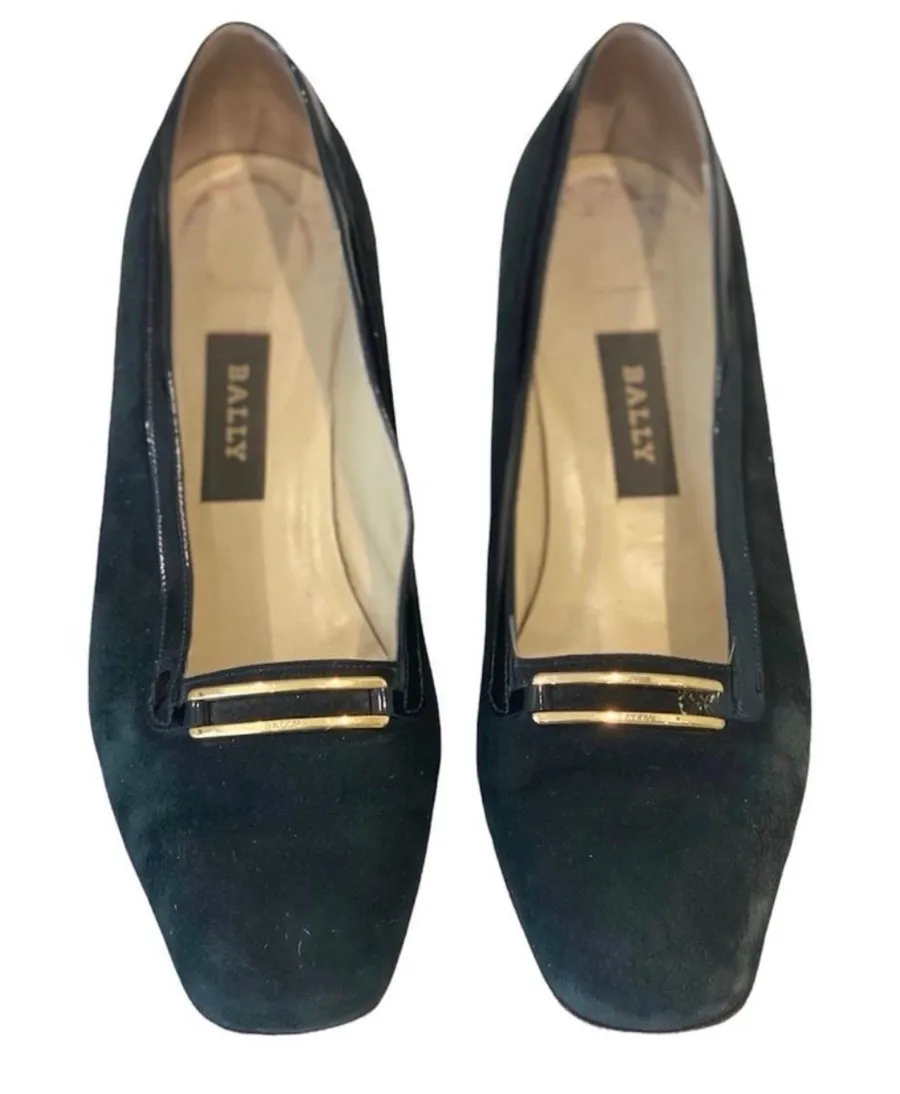 Vintage Bally Black Suede Patent Leather Block Heel Shoes Gold Trim 7 37.5