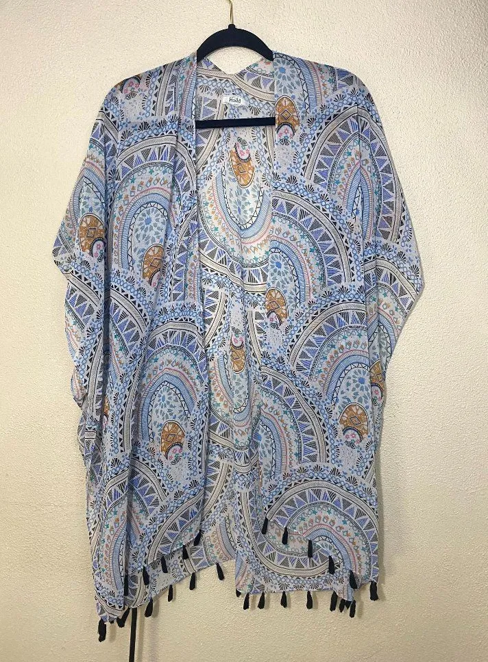 Mudd Boho Kimono Cardigan Coverup Womens One Size Blue Multicolor Tassel Hem