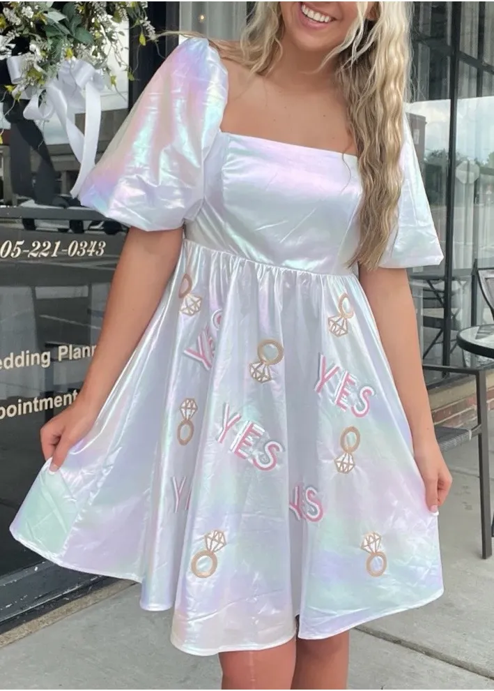 Iridescent Pastel Puff Sleeve Dress with 'YES' & Ring Motif