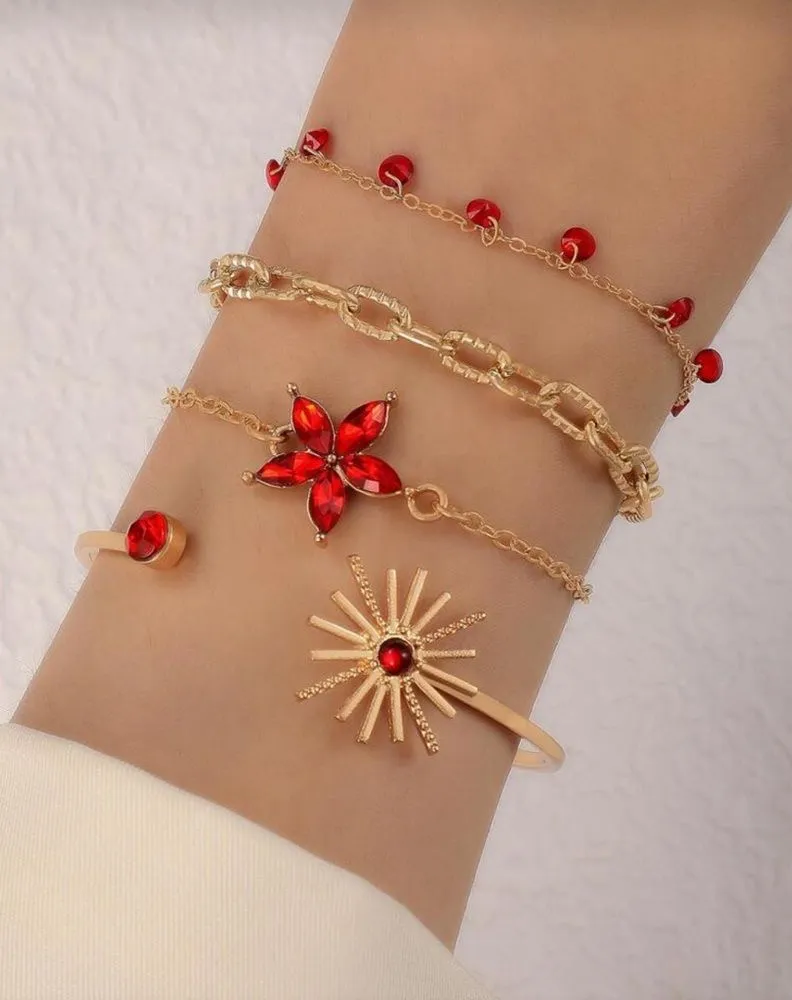 Set 4pcs Adjustable Bracelets Chain Crystal Red Sun Flower Boutique Gold