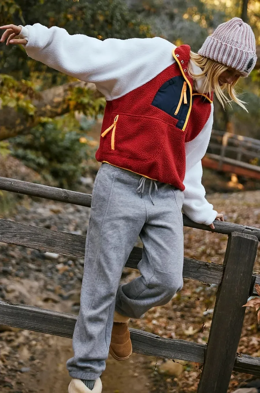 Free People Movement Hit The Slopes Colorblock Fleece Pullover Red Sport Combo