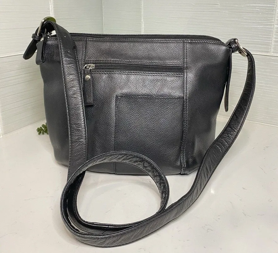 ili New York Black Pebbled Leather Crossbody Bag Travel Purse Multi Pocket