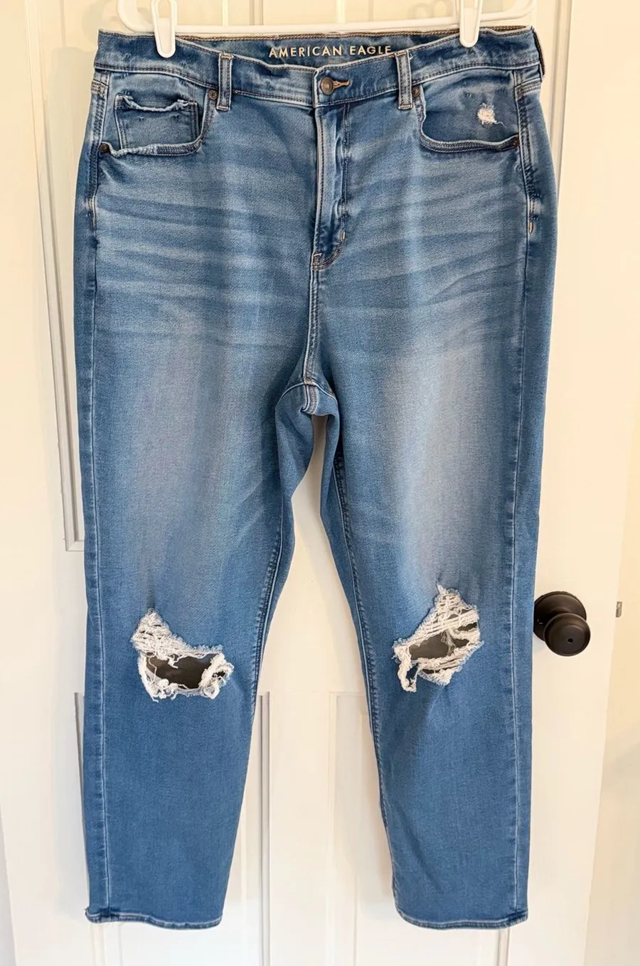 American Eagle Mom Jeans 16 Long High Rise Distressed Stretch Denim