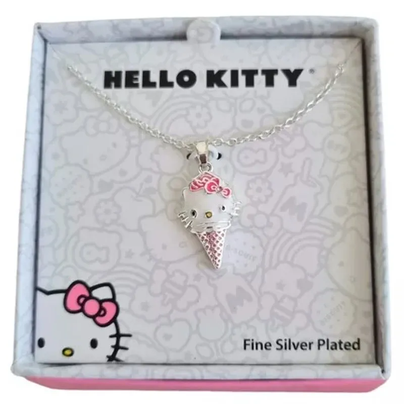 Sanrio Hello Kitty Brass Enamel Pink Ice Cream Cone Pendant Necklace NEW