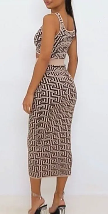 Greek key knitted High waist skirt and top set