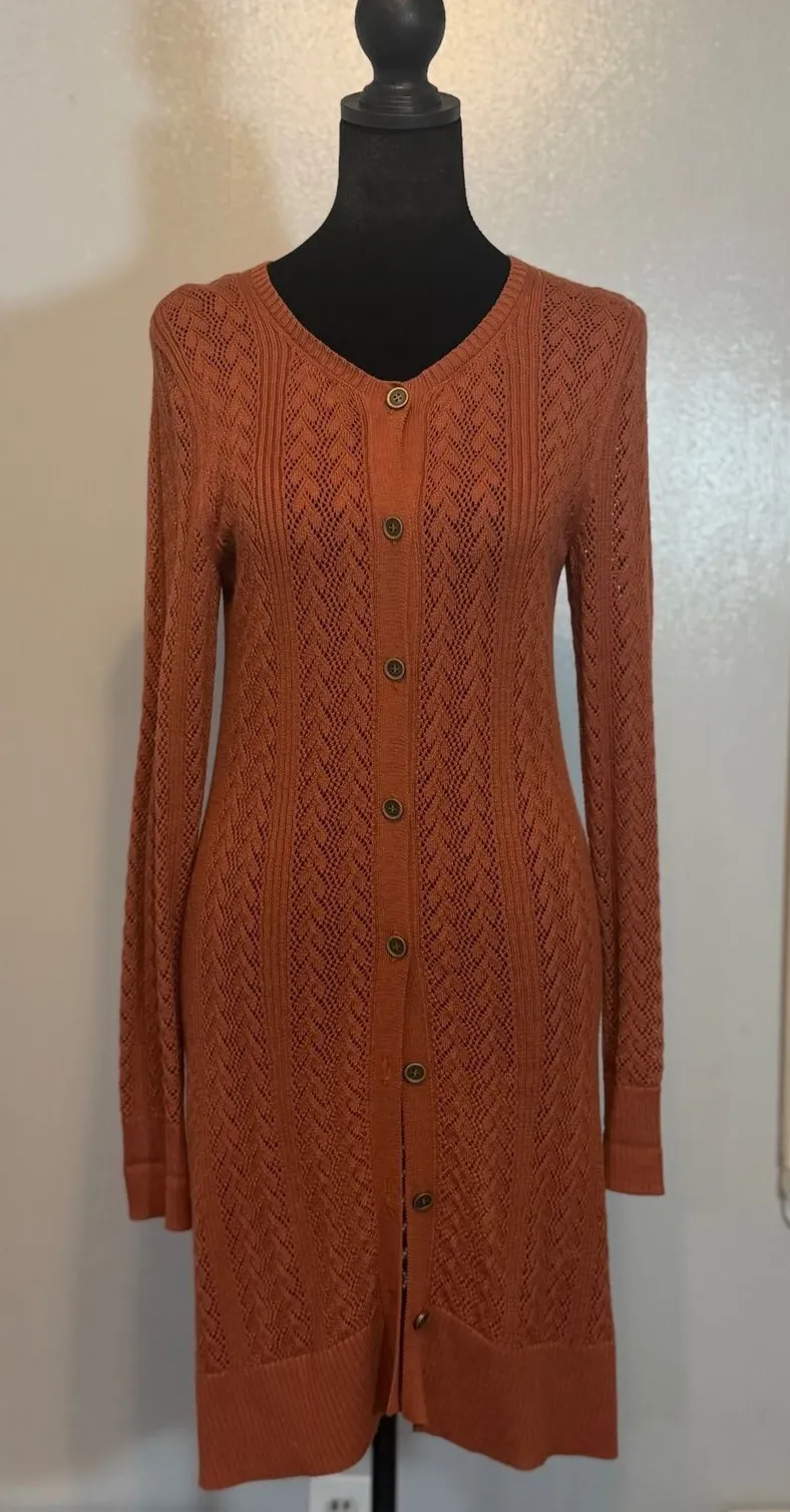 Peruvian Connection Pointelle Knit Long Cardigan Duster Sweater XS
