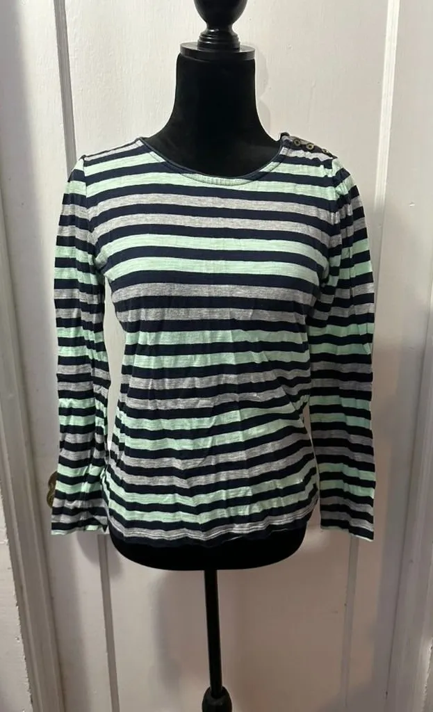 GAP Grey, Green and Navy Striped Long Sleeve Tee in M