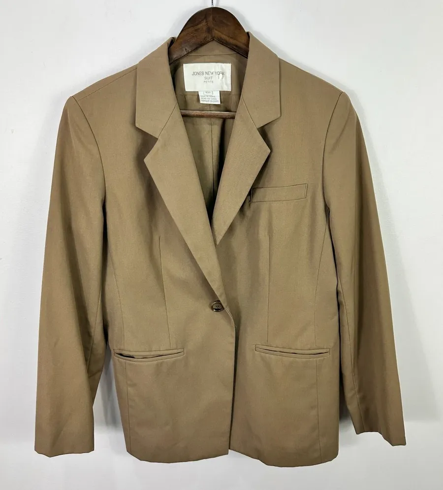 Jones New York Blazer 10P Tan Wool Blend Minimalist 90s Vintage Quiet Luxury