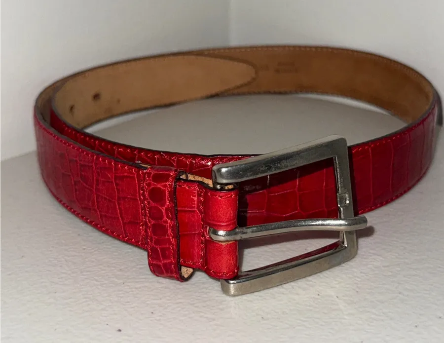 Banana Republic Women's Red Leather Crocodile Texture Silver Buckle Belt 30 Xmas