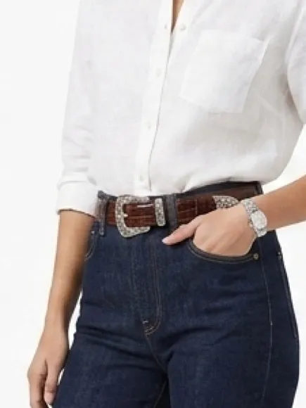 Brighton Brown croc Embossed Belt With Silvertone Hardware Vintage