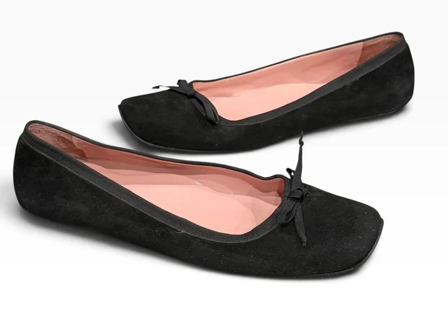 Lilly Pulitzer Suede Ballet Flats Womens 8.5 Black Bow Square Toe Shoes Coquette