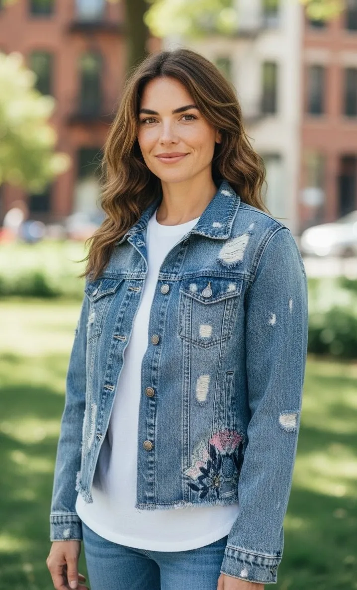 Bebe Distressed Embroidered Denim Crop Jacket with Frayed Hem BJK-0069