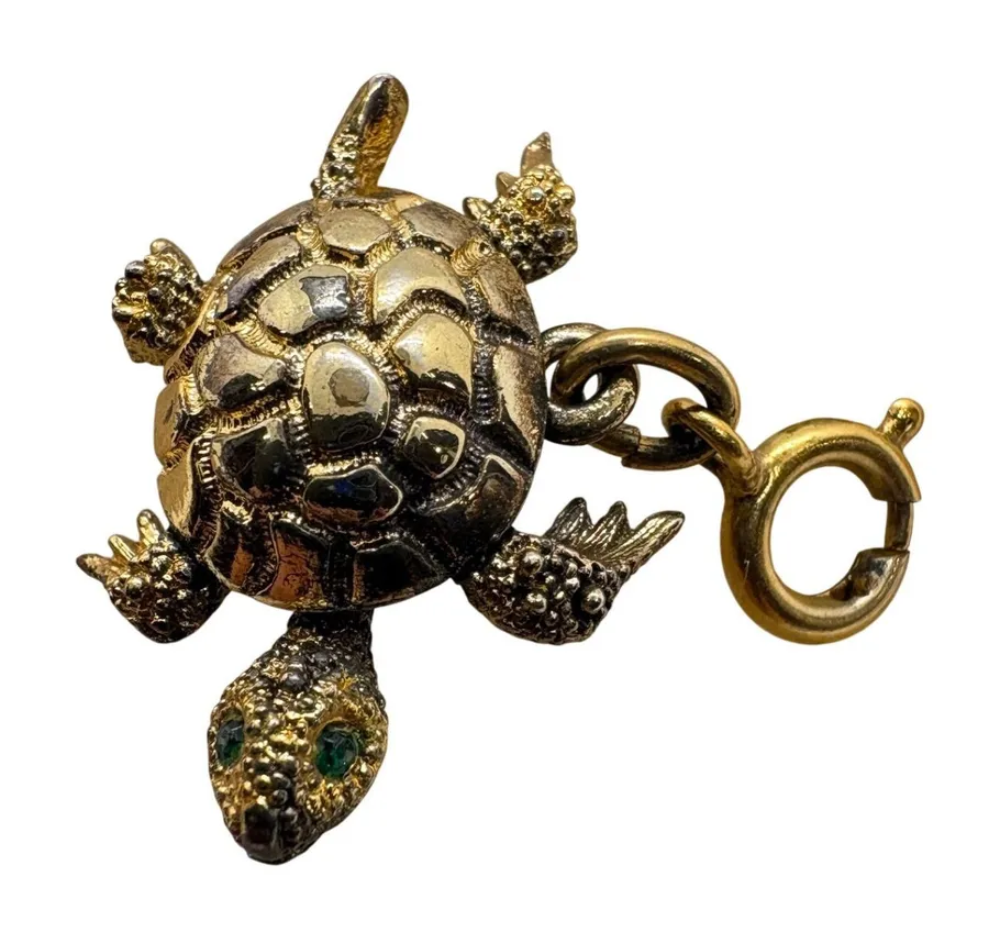 Vintage Monet Gold Tone Articulated Turtle Charm Green Eyes Moving Head