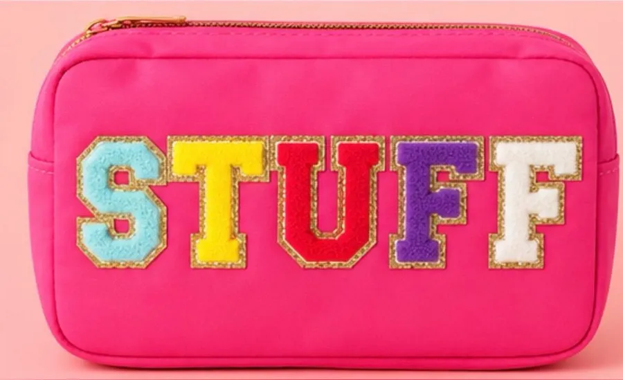 Rose Pink ‘STUFF’ nylon Travel Pouch with Gold Trim varsity letter patches