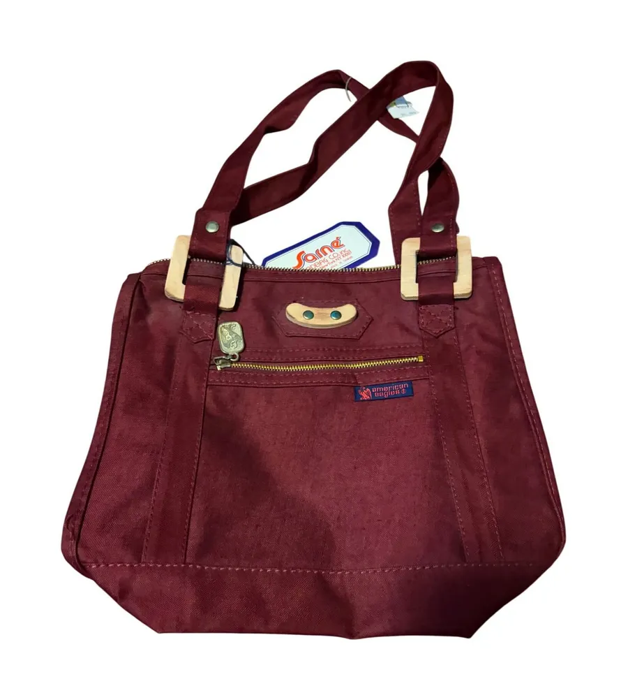 American Eagles Tote Bag Vintage 90s Burgundy Canvas Wood Buckle NWT OS Retro Red