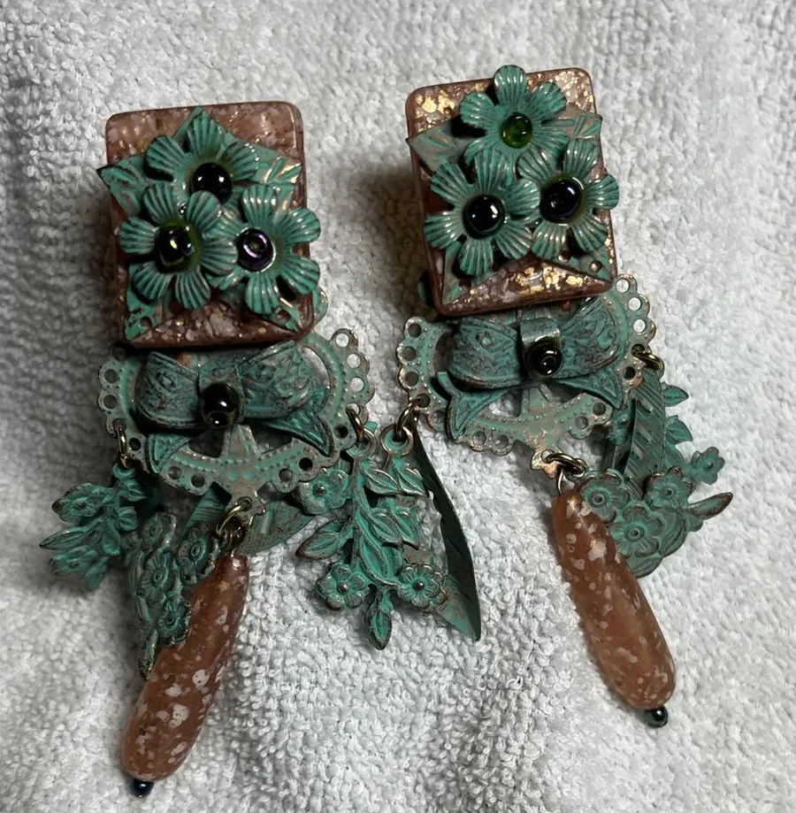 Antique style Floral Green and Brown Statement Earrings clip on