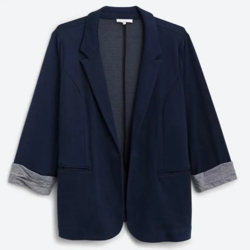 SKIES ARE BLUE Women's S Asa Textured Knit Open Blazer Dark Blue Gray Stripe
