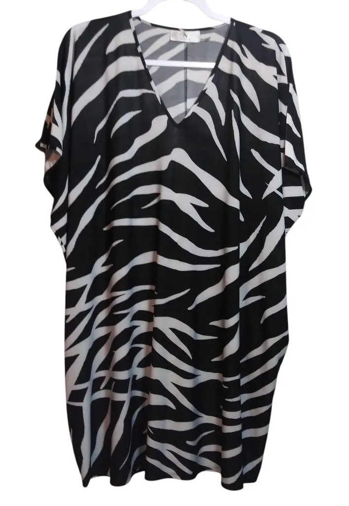 Natori Black and White Zebra-Print Caftan Swim Coverup Tunic Size XS