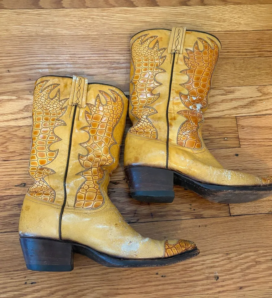Dan Post Vintage Yellow Leather & Caiman Embossed Western Cowboy Boots Size 7
