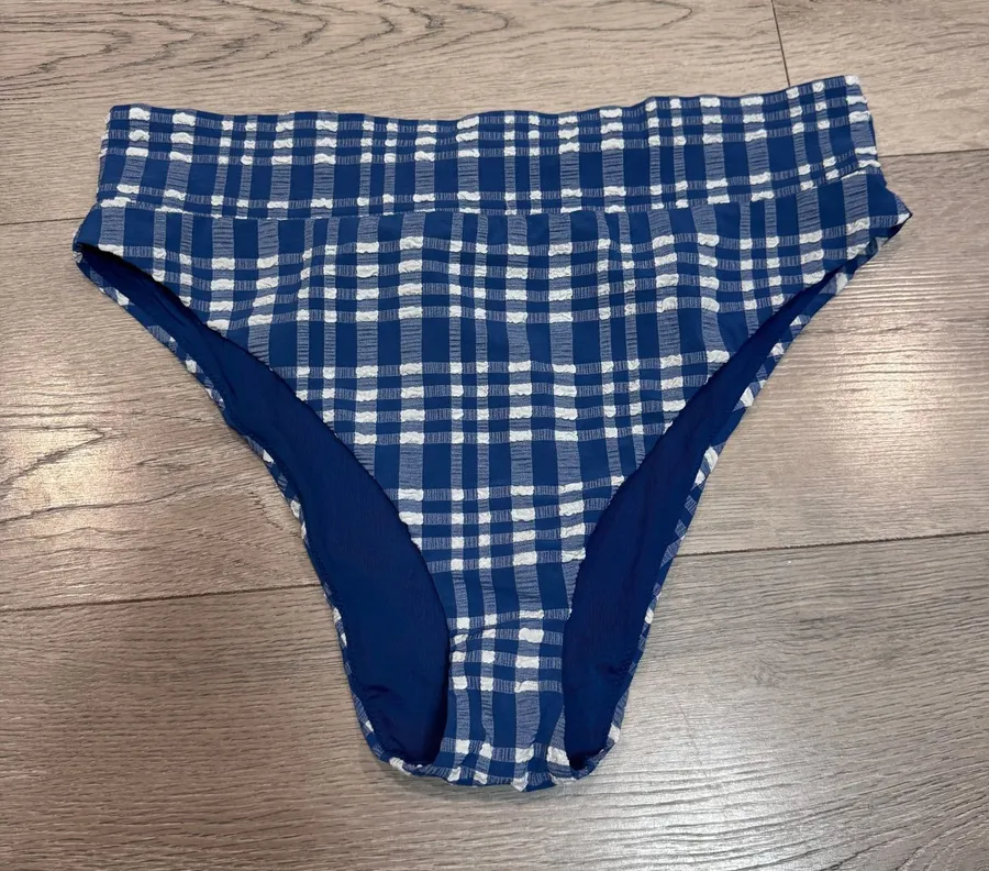Aerie Blue White Gingham Plaid High Cut Cheeky Bikini Bottom XL High Waisted