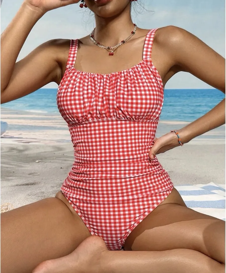 Women’s Gingham One Piece Swim Suit Red M New Size M