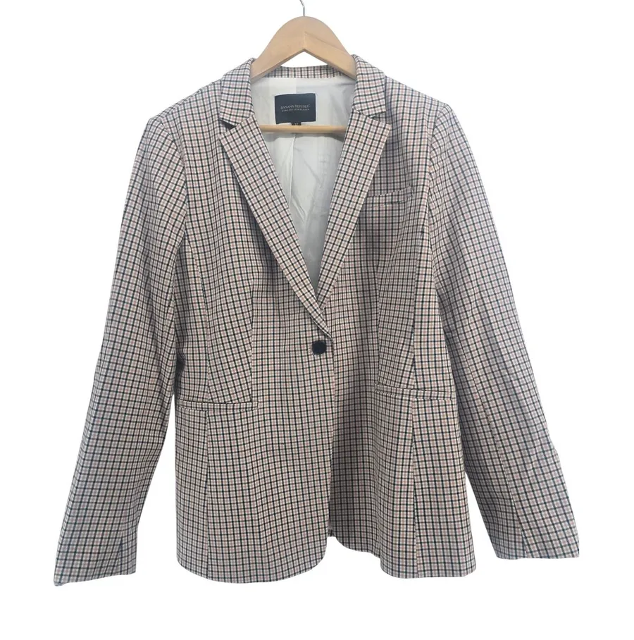 Banana Republic Blazer Womens 12 Long and Lean Plaid Pink Navy Check EUC