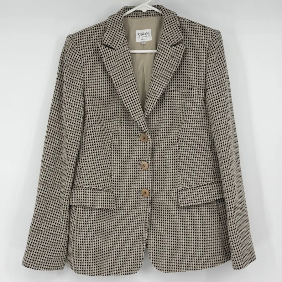 Armani Collezioni Virgin Wool Houndstooth Blazer Jacket Beige Black Size 8 Italy