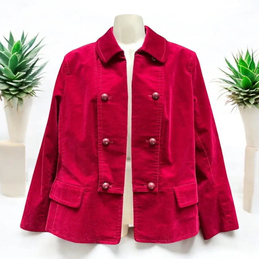 Talbots Velvet Petite Blazer Jacket Women’s 8P Red Wine Military Pea Coat Button