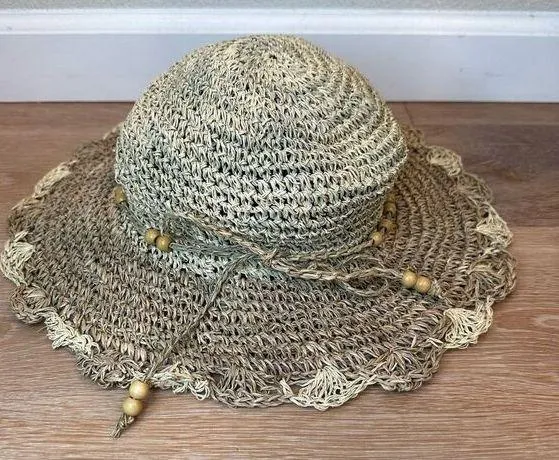 Boho Beaded Straw Knitted Sun Beach Hat Tan