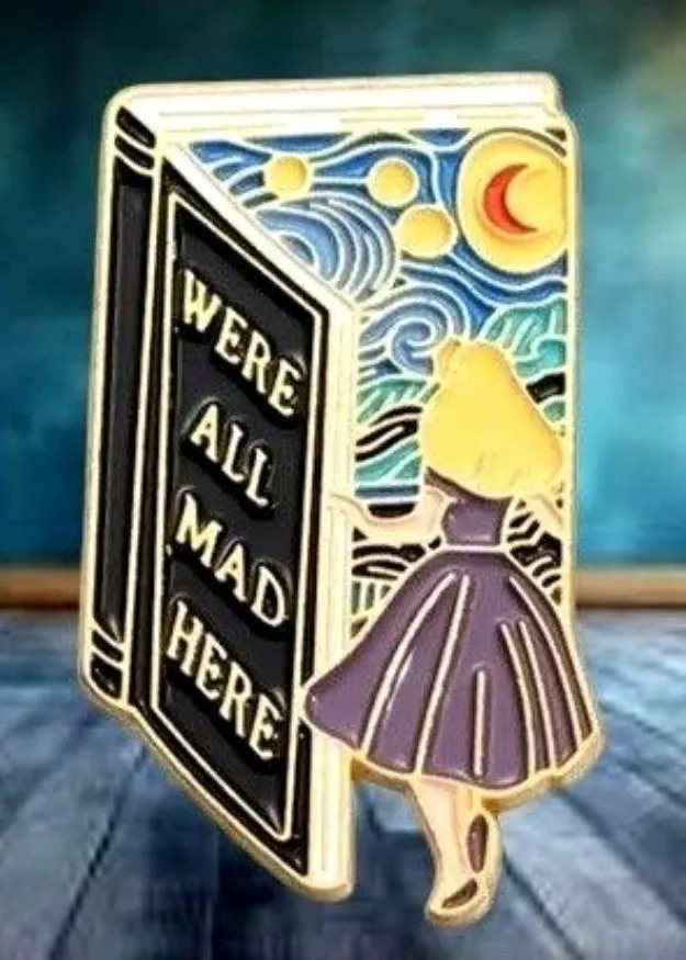Alice in Wonderland Pin We’re All Mad Here Book Design Starry Night Rabbit Hole Yellow