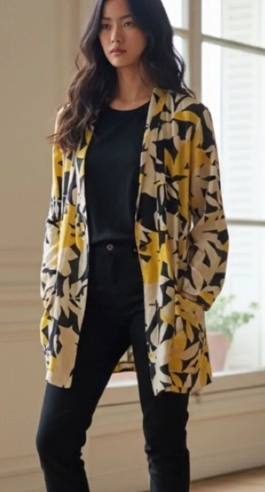Vintage cream with yellow and black print linen blend oversized statement blazer Size M